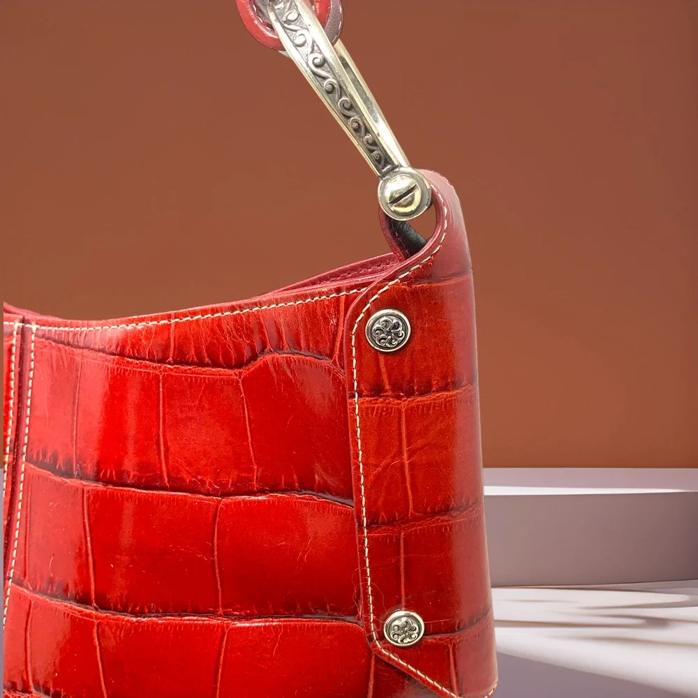 Brighton Muse Red Croc Embossed Patent Leather Shoulder Bag Heart Charm Braided